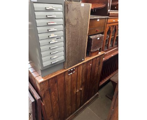 Various items of furniture; a pine side cabinet, grey metal filing drawers, sewing box/table, wooden boxes, and a wall sconce