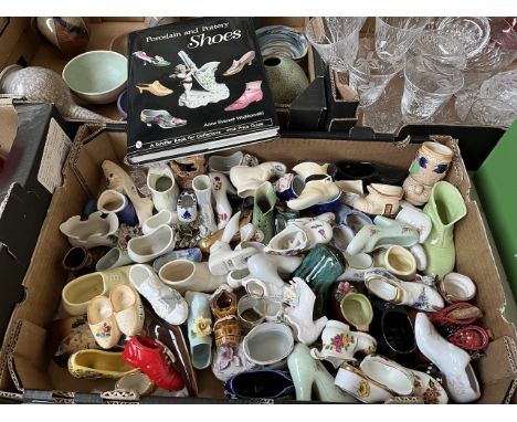 A box of ceramic shoes including examples by Royal Albert, Hammersley, Pallissy, Coalport, Spode, Sylvac, Paragon etc. Also i