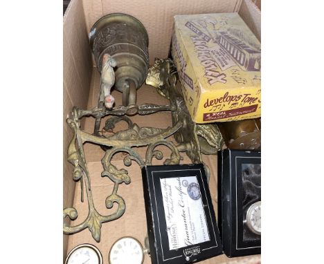 A box of mixed metalware including brass bell, brass miners lamp, pocket watches, etc. 