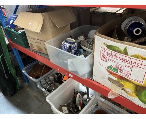 Four boxes of misc pottery, ornaments, metalware, Bells ceramic decanter (Princess Eugenie), barometer, empty iPhone box, mus