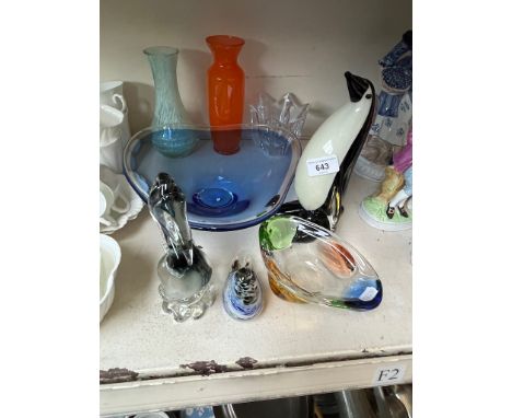 Art glass - an Orrefors, Sweden hexagonal bowl, a blue bowl by Magnor, Norway approx 26cm across at widest point and 6 other 