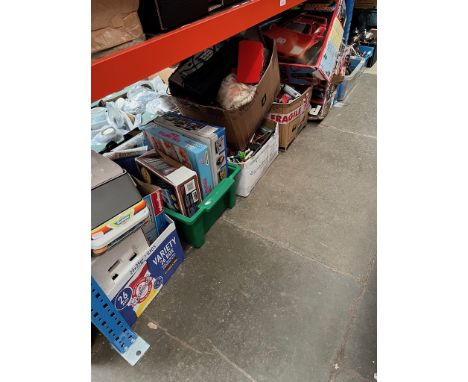 Seven boxes of toys including two boxes of Scalextric items, die cast model vehicles, action figures, board games, Airfix etc