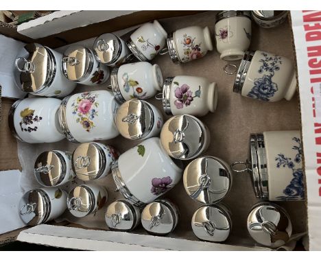 A box containing 24 Royal Worcester egg coddlers. 5 large, including blue and white and floral designs; 9 medium, including f
