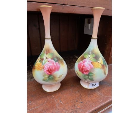 A pair of Royal Worcester long necked bulbous vases, height appx 23cm, pattern number 307, year indicator 1908. Good restorat