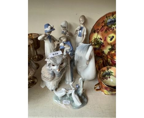 5 Nao items including an owl and a swan vase both approx 17cm high together with 3 other Spanish porcelain figures (8 items) 