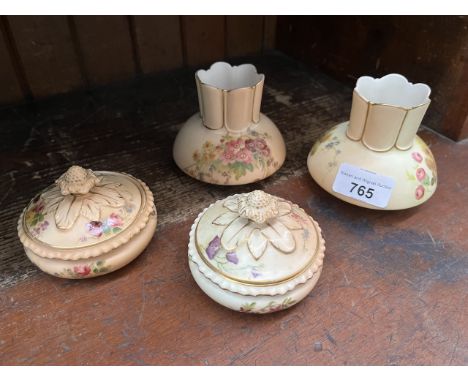 Four pieces of Royal Worcester blush ivory ceramics. 2 squat vases with rounded hexagonal necks, pattern number 991, one date