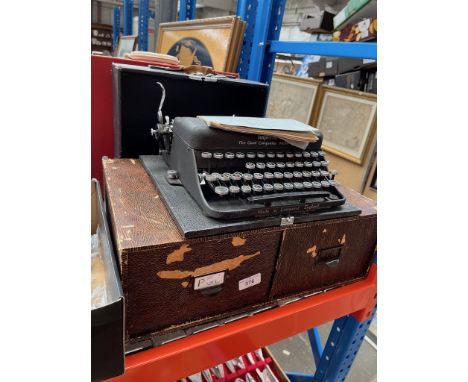 A mixed lot comprising Imperial 'Good Companion' typewriter, A Coracle vintage picnic set and a set of two filing drawers. 