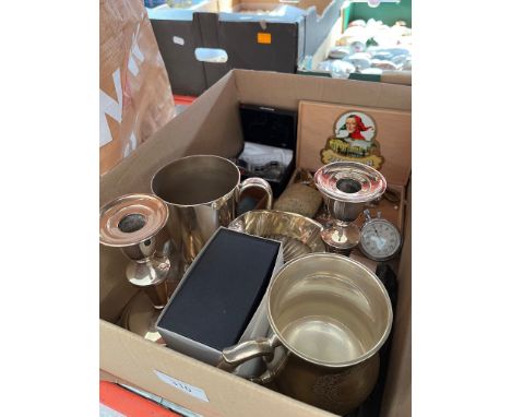 A box of plated-ware together with an Accurist watch, some costume jewellery, a stopwatch, etc. 