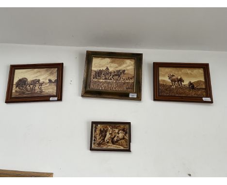 Robert Lee, 20th/21st century school, four sepia tone oil on boards, 'Potato Pickers', 'Seaweed Harvest', 'Taking a Break' (2
