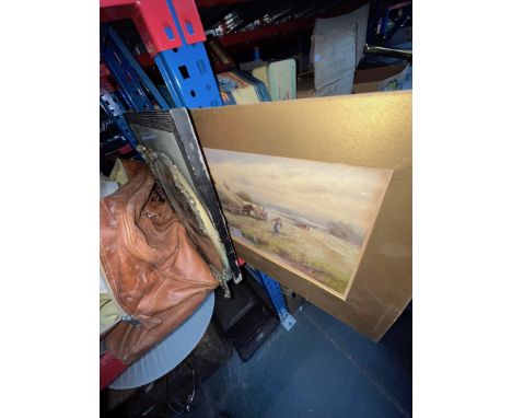 A watercolour hay making scene, by Tom Rowden together with a print of a woman, an antique portrait of a lady in metal oval f