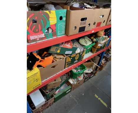 Three shelves (appx 16 boxes) of miscellaneous items including garage wares, household, battery grass shears, Crossover fabri