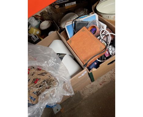 2 boxes containing table lamps, kitchenalia, christmas decoration, toilet mirror, JVC speaker etc 