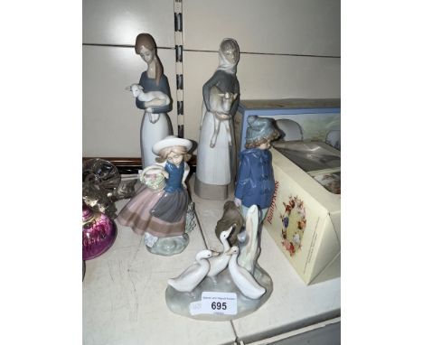 Three LLadro figures and 2 Nao - Lladro includes 2 taller figures of girls holding lambs and smaller figure of girl holding f