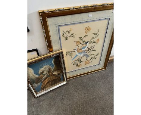 A Chinese painting on silk depicting birds and flowers and a religious print depicting an angel, both framed and glazed, 60.5