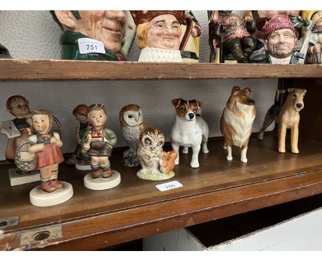 Three Beswick dogs - Cast Iron Monarch, Lochinvar of Lady Park, and Jack Russell terrier. 2 Beswick owl figures. 4 Hummel fig