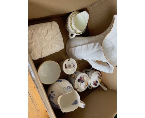 A box of Royal Worcester ceramics including  blue and white jug with dragon image, water jug and trinket box in Fern Leaf pat
