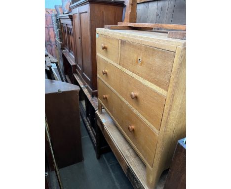 Four pieces of funiture; pitch pine side cabinet, mid 20th century oak chest of drawers, pine side cabinet with sliding drawe