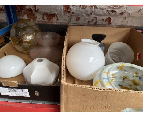 Two boxes of assorted mainly vintage glass light shades. 