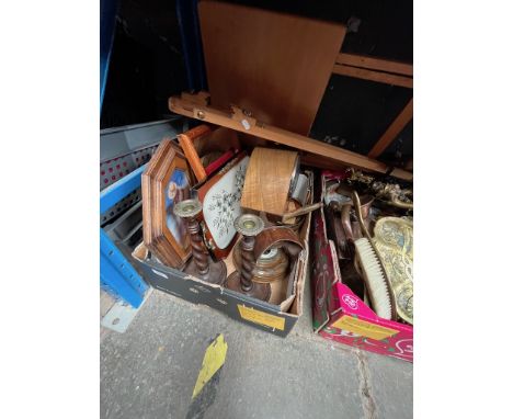 A box of treen to include a mantel clock, barometer, barley twist candlesticks, artist's easel, small folding table, tray, pi