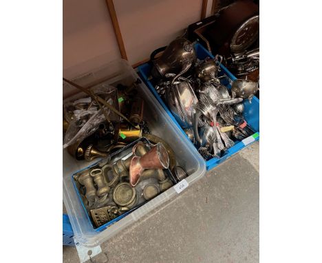 Two boxes of metalware including brass bell weights, blow lamp, small copper jug and brass scales. Second box contains plated