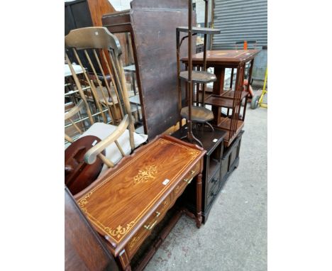 An inlaid side table, an oak telephone seat and a folding cake stand. 