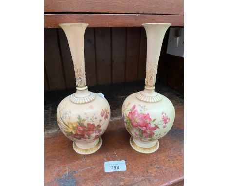 A pair of Royal Worcester blush ivory bulbous vases with long stem necks. Height approx 24 cm. Pattern 1661. Good restoration