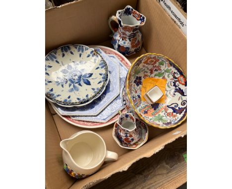 A box of mixed ceramics including Spode, Masons etc 