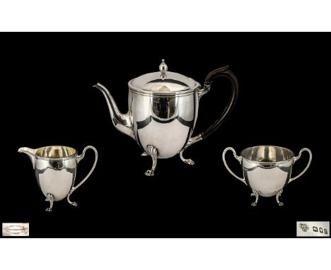 Early 20th Century Superb Sterling Silver Bachelors 3 Piece Tea Service of Wonderful Proportions and Design. Hallmark London 