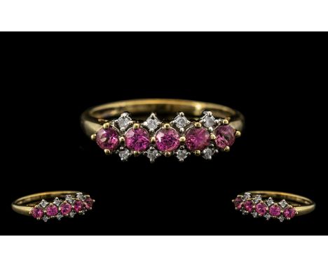 Ladies 9ct Gold - Attractive Pink Sapphire and Diamond Set Dress Ring. Full Hallmark for 9.375. Pink Sapphires Surrounded by 