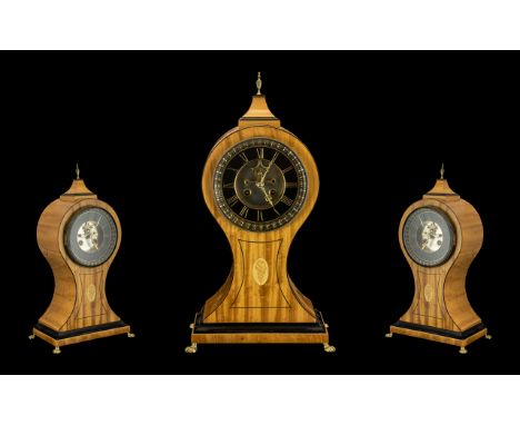 A Satinwood Inlaid Balloon Shaped Mantel Clock with a Black Marble Chapter Ring with Gilded Roman Numerals. With An Open Esca