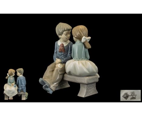 Nao by Lladro Hand Painted Porcelain Figure ' Sweet Hearts ' ' Boy and Girl ' on Bench. Height 6.5 Inches - 16.25 cm. 1st Qua