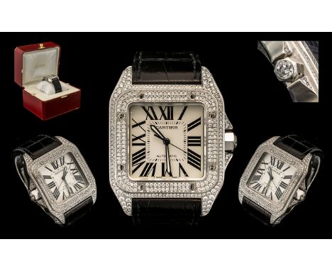 Cartier - Santos Stunning 100XL Acier Automatic Unisex Steel and Diamond Set Wrist Watch. Serial No 784916CE. Features a Cust