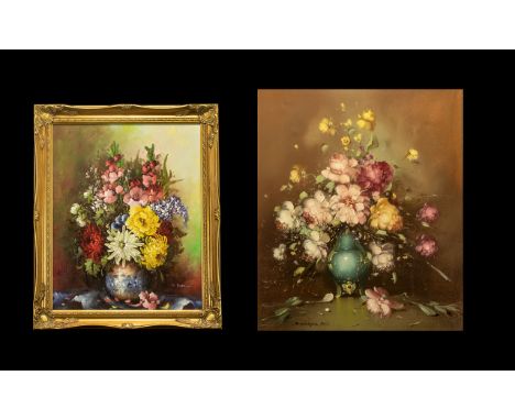 Pair of Still Life Flower Pictures. 1/ Roses and Other Flowers In a Green Ceramic Vase - Oil on Canvas, Signed R. Hunter, Siz