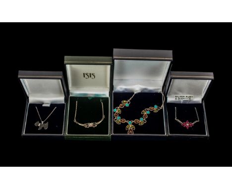 Collection of Ladies Necklaces in Original Boxes, comprising: Drop necklace on white metal with coloured stones; pendant neck