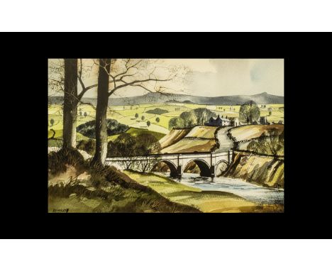 J. R. Hurley. A Rural English Landscape In Summer with a Bridge Over a River - Watercolour, Signed. Size 11.5 x 17.5 Inches (