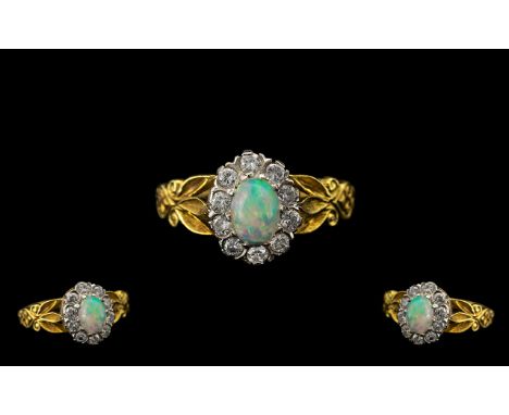 Edwardian Period - Attractive 18ct Gold Diamond and Opal Cluster Set Dress Ring, Flower head Design, Shoulders of Ring - Exce