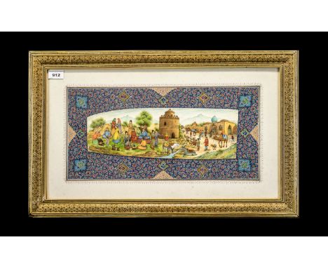 Fathollah Abbasi Iranian Artist - Outdoor Scene with Figures Watercolour on Ceramic, Mounted and Framed ( Ornate ) Size 16 x 