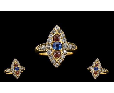 Victorian Period 18ct Gold - Attractive Marquise Shaped Cluster Ring, Set with Diamonds, Rubies and Sapphires. Hallmark Londo