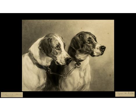 Heywood Hardy Pencil Signed Print with Blind Stamp WBE, depicting two dog's heads (hounds) in fine detail.  Published April 1