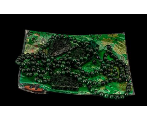 A Set of Three Rectangle Shield and Droplet Dark Jade Pendant Full Bead Necklaces. Comprising of dark jade rectangle pendant 