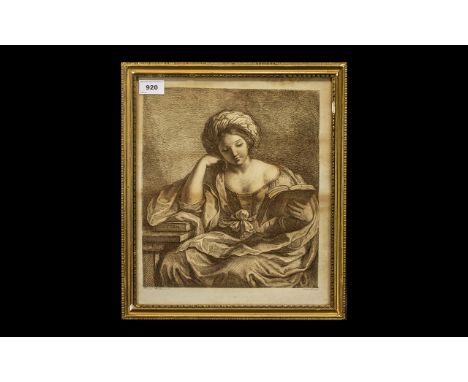 18th Century F Bartolozzi Antique Sepia Print of a Lady Reading a Book: F Barbieni Detto- Puercina.Inv, framed and glazed, 15