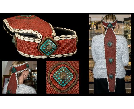 Rare Antique Tibetan Ceremonial Headdress, decorated with thousands of small red coral type beads, small cowrie shells and ag