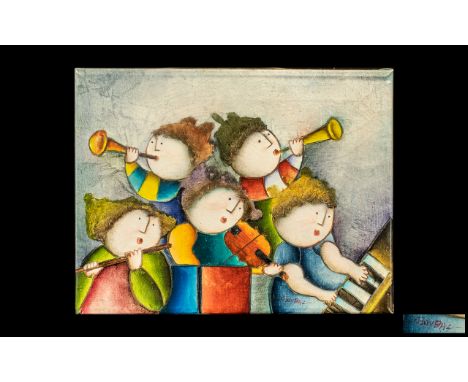 Joyce Roybal (1955 -   ) Original Oil Painting on Canvas of whimsical children playing a violin, piano and other instruments;