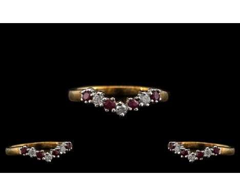 Ladies 9ct Gold Attractive Diamond and Ruby Set Ring, Wishbone Style. The Interior of Shank Marked for 9.375. Ring Size - M. 