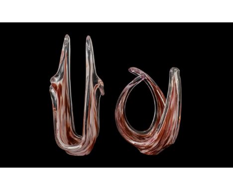 ( 2 ) Murano Red Speckled Glass 1960's Modernistic Shaped Vases. 12 Inches &amp; 9 Inches Tall. 