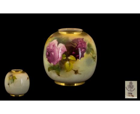 Royal Worcester Hand Painted Globular Shaped Small Vase - Still Life ' Roses ' Date 1924 &amp; Shape No 2491. Height 3.25 Inc