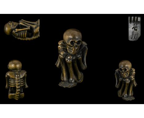 A Japanese Carved Boxwood Netsuke In The Form of a Gashadokuro, Excellent Condition In All Aspects, Signed to Foot. Height 2.