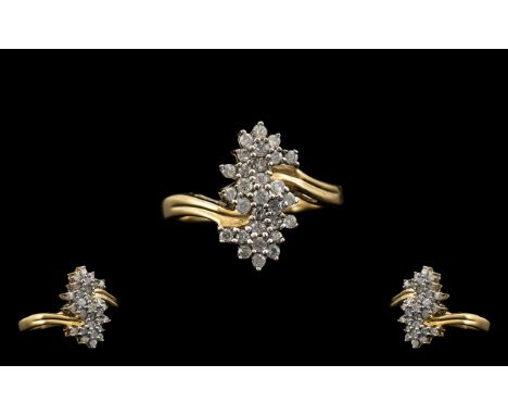 Contemporary Designed Ladies 9ct Gold Attractive Diamond Set Cluster Ring. Full Hallmark for 9.375. Ring Size N - O. All Aspe