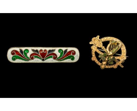 Silver and Enamel Bar Brooch, Continental Marks to Verso 2'' in length - together with an irish Gold-Plated Hamp and Shamrock