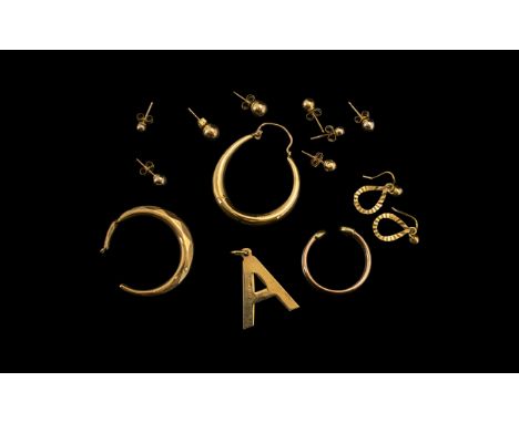 A Small Collection of 9ct Gold Jewellery - All Marked for 9ct - 375, Includes a 9ct 3 Tone Gold Ring and 9ct Gold Cross - Ple